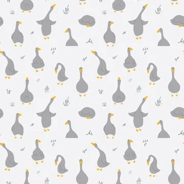 Goose Seamless Pattern. Cute Cartoon geese, Vector Illustration Background Stock Illustration