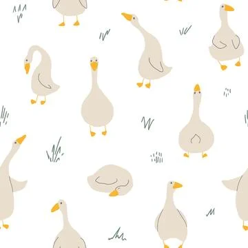 Goose Seamless Pattern. Cute Cartoon geese, Vector Illustration Background Stock Illustration