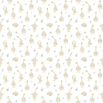 Goose Seamless Pattern. Cute Cartoon geese, Vector Illustration Background 스톡 일러스트
