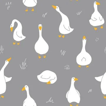 Goose Seamless Pattern. Cute Cartoon geese, Vector Illustration Background イラスト素材