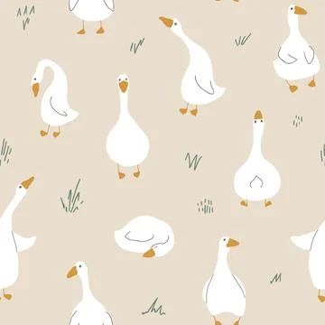Goose Seamless Pattern. Cute Cartoon geese, Vector Illustration Background Stock Illustration