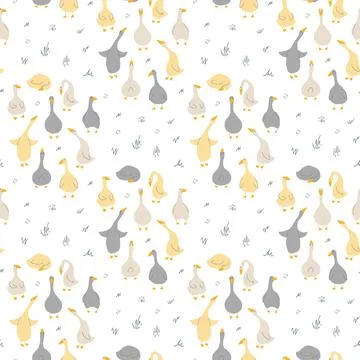 Goose Seamless Pattern. Cute Cartoon geese, Vector Illustration Background Stock Illustration