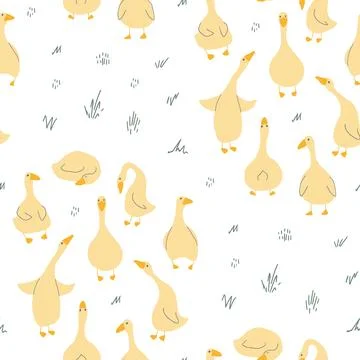 Goose Seamless Pattern. Cute Cartoon geese, Vector Illustration Background Stock Illustration