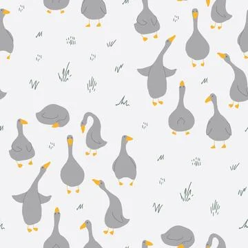 Goose Seamless Pattern. Cute Cartoon geese, Vector Illustration Background Stock Illustration