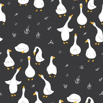 Goose Seamless Pattern. Cute Cartoon geese, Vector Illustration Background Stock Illustration