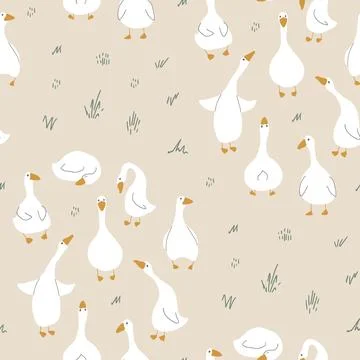 Goose Seamless Pattern. Cute Cartoon geese, Vector Illustration Background Stock Illustration