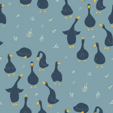 Goose Seamless Pattern. Cute Cartoon geese, Vector Illustration Background 스톡 일러스트