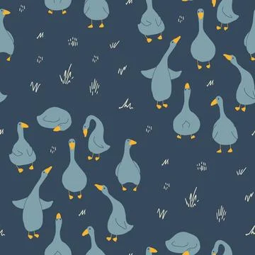 Goose Seamless Pattern. Cute Cartoon geese, Vector Illustration Background Stock Illustration
