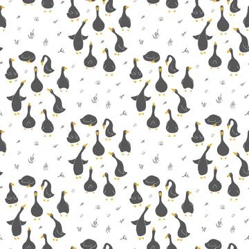 Goose Seamless Pattern. Cute Cartoon geese, Vector Illustration Background Stock Illustration