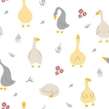 Goose Seamless Pattern. Cute Cartoon geese, Vector Illustration Background Stock Illustration