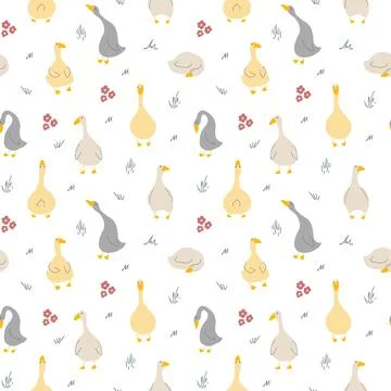 Goose Seamless Pattern. Cute Cartoon geese, Vector Illustration Background Illustrazione stock
