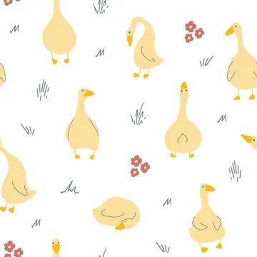 Goose Seamless Pattern. Cute Cartoon geese, Vector Illustration Background Stock Illustration