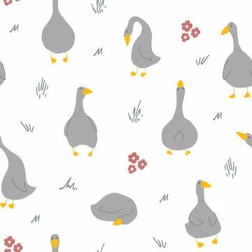 Goose Seamless Pattern. Cute Cartoon geese, Vector Illustration Background Stock Illustration