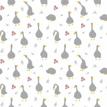 Goose Seamless Pattern. Cute Cartoon geese, Vector Illustration Background 스톡 일러스트