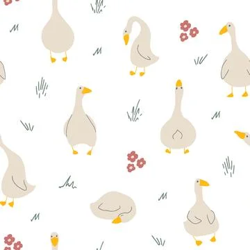 Goose Seamless Pattern. Cute Cartoon geese, Vector Illustration Background Illustrazione stock