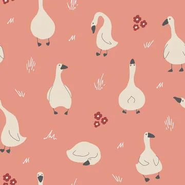 Goose Seamless Pattern. Cute Cartoon geese, Vector Illustration Background Stock Illustration