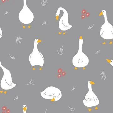 Goose Seamless Pattern. Cute Cartoon geese, Vector Illustration Background 스톡 일러스트