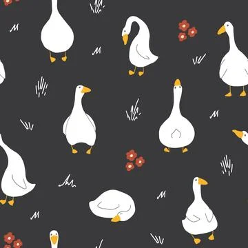Goose Seamless Pattern. Cute Cartoon geese, Vector Illustration Background Stock Illustration