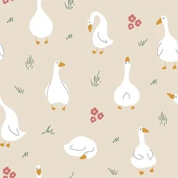 Goose Seamless Pattern. Cute Cartoon geese, Vector Illustration Background Stock Illustration