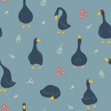 Goose Seamless Pattern. Cute Cartoon geese, Vector Illustration Background Stock Illustration