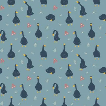 Goose Seamless Pattern. Cute Cartoon geese, Vector Illustration Background Stock Illustration