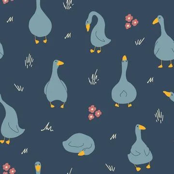 Goose Seamless Pattern. Cute Cartoon geese, Vector Illustration Background Stock Illustration