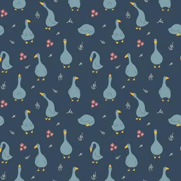 Goose Seamless Pattern. Cute Cartoon geese, Vector Illustration Background Stock Illustration