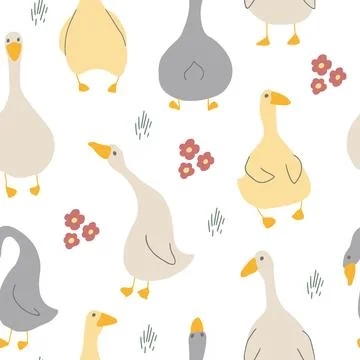Goose Seamless Pattern. Cute Cartoon geese, Vector Illustration Background Stock Illustration