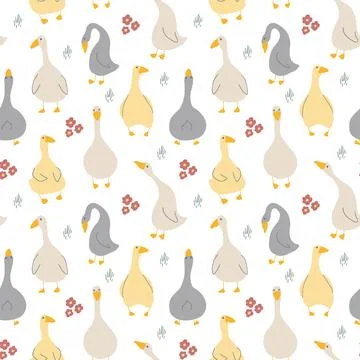 Goose Seamless Pattern. Cute Cartoon geese, Vector Illustration Background 스톡 일러스트