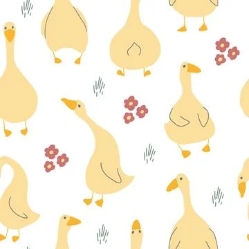 Goose Seamless Pattern. Cute Cartoon geese, Vector Illustration Background 스톡 일러스트