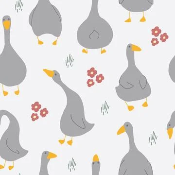 Goose Seamless Pattern. Cute Cartoon geese, Vector Illustration Background Stock Illustration