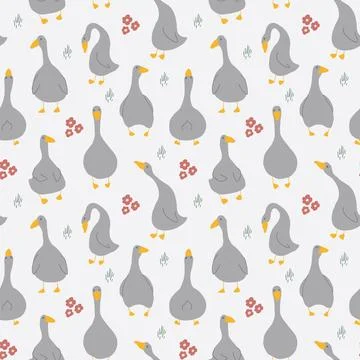 Goose Seamless Pattern. Cute Cartoon geese, Vector Illustration Background Stock Illustration