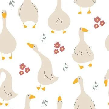 Goose Seamless Pattern. Cute Cartoon geese, Vector Illustration Background Stock Illustration