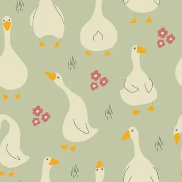 Goose Seamless Pattern. Cute Cartoon geese, Vector Illustration Background Stock Illustration