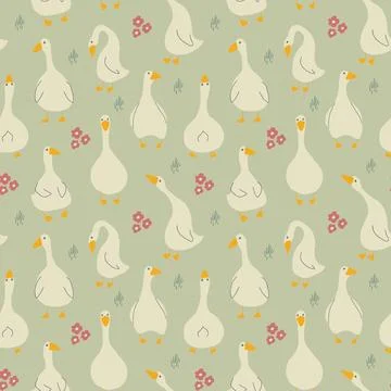 Goose Seamless Pattern. Cute Cartoon geese, Vector Illustration Background Stock Illustration