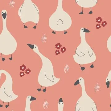 Goose Seamless Pattern. Cute Cartoon geese, Vector Illustration Background Stock Illustration
