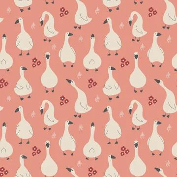 Goose Seamless Pattern. Cute Cartoon geese, Vector Illustration Background Stock Illustration