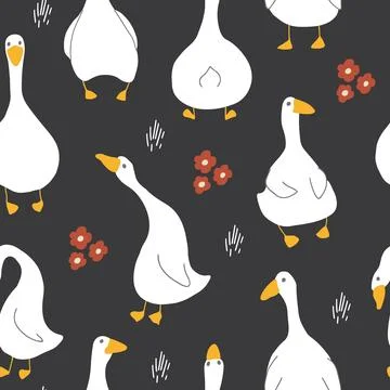 Goose Seamless Pattern. Cute Cartoon geese, Vector Illustration Background 스톡 일러스트