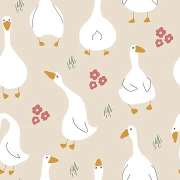 Goose Seamless Pattern. Cute Cartoon geese, Vector Illustration Background 스톡 일러스트