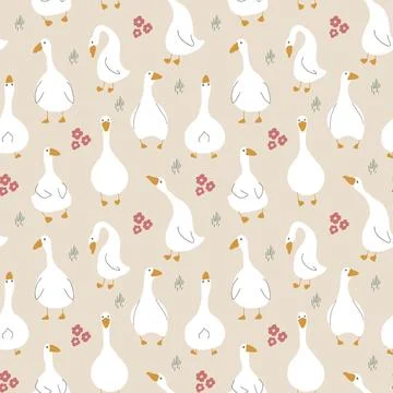 Goose Seamless Pattern. Cute Cartoon geese, Vector Illustration Background Stock Illustration