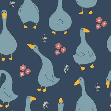 Goose Seamless Pattern. Cute Cartoon geese, Vector Illustration Background 스톡 일러스트