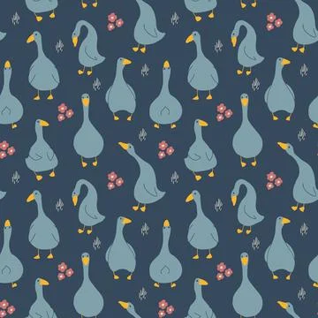 Goose Seamless Pattern. Cute Cartoon geese, Vector Illustration Background Stock Illustration