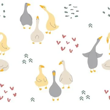 Goose Seamless Pattern. Cute Cartoon geese, Vector Illustration Background Stock Illustration