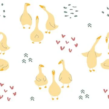 Goose Seamless Pattern. Cute Cartoon geese, Vector Illustration Background Illustrazione stock