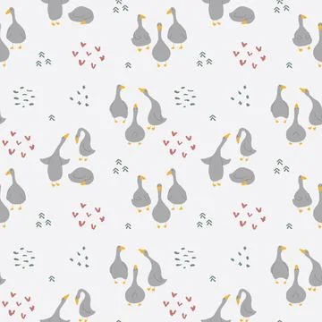 Goose Seamless Pattern. Cute Cartoon geese, Vector Illustration Background 스톡 일러스트