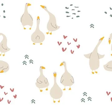Goose Seamless Pattern. Cute Cartoon geese, Vector Illustration Background Stock Illustration