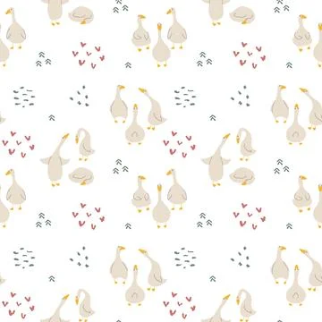 Goose Seamless Pattern. Cute Cartoon geese, Vector Illustration Background Stock Illustration
