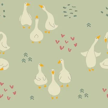 Goose Seamless Pattern. Cute Cartoon geese, Vector Illustration Background Stock Illustration