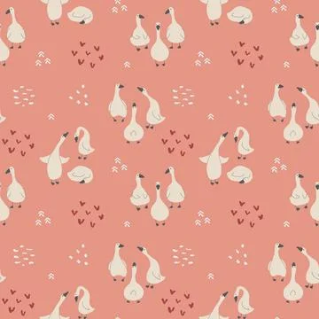Goose Seamless Pattern. Cute Cartoon geese, Vector Illustration Background 스톡 일러스트