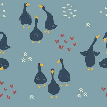 Goose Seamless Pattern. Cute Cartoon geese, Vector Illustration Background Stock Illustration